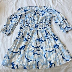 LOFT Linen Blend Blue & White Floral Dress, Size XS
